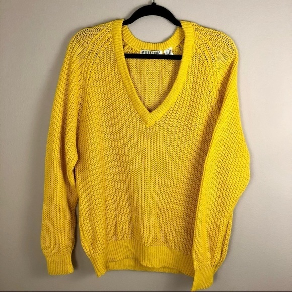 Workshop Sweaters - 80's Vintage brand Workshop yellow deep v neck knitted long sleeve sweater sz M